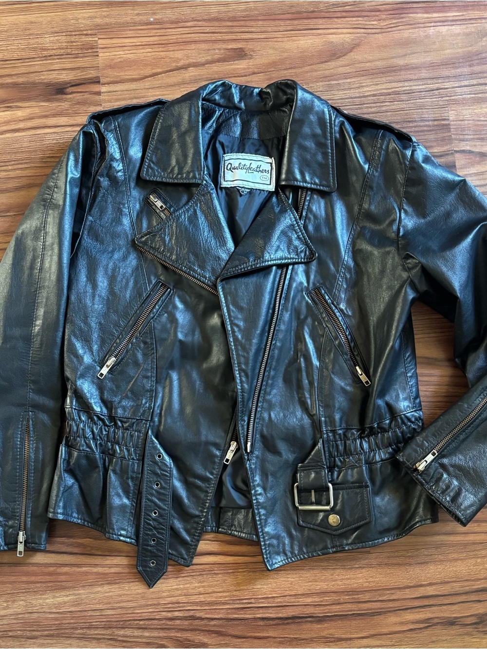 Vintage Quality Leathers Black Leather Biker Jacket with Belt